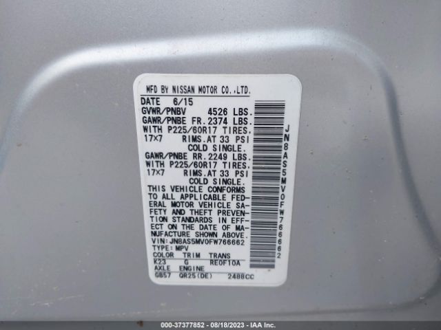 JN8AS5MV0FW766662 Nissan Rogue Select S