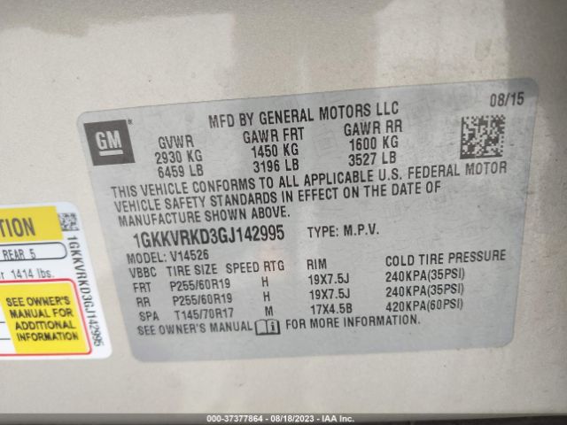 1GKKVRKD3GJ142995 GMC ACADIA SLT