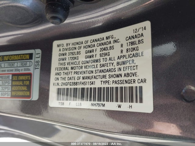 Honda Civic Coupe Ex 2015 2HGFG3B81FH511541 Image 9