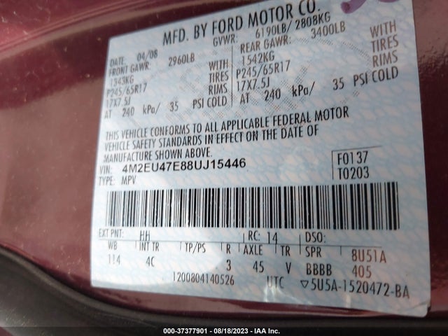 2008 MERCURY MOUNTAINEER VIN: 4M2EU47E88UJ15446