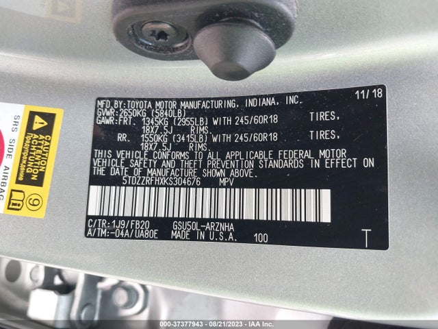 Toyota Highlander Le 2019 5TDZZRFHXKS304676 Image 16