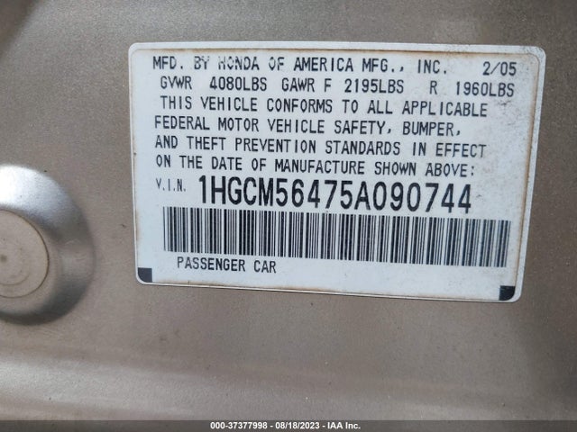 2005 HONDA ACCORD SDN LX VIN: 1HGCM56475A090744