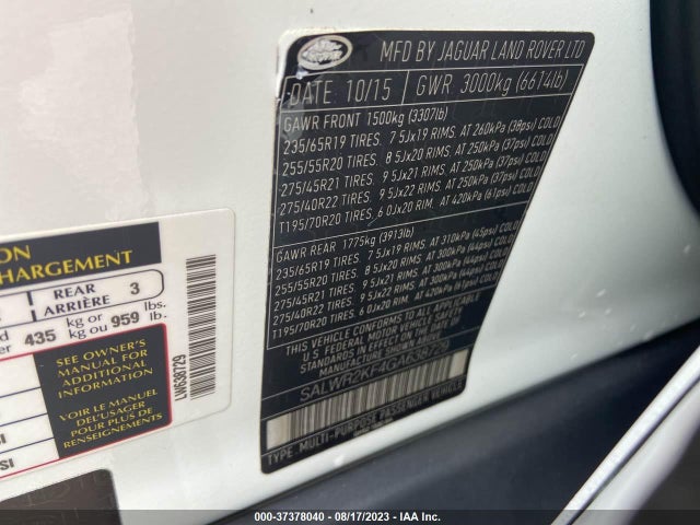 2016 LAND ROVER RANGE ROVER SPORT HSE VIN: SALWR2KF4GA638729
