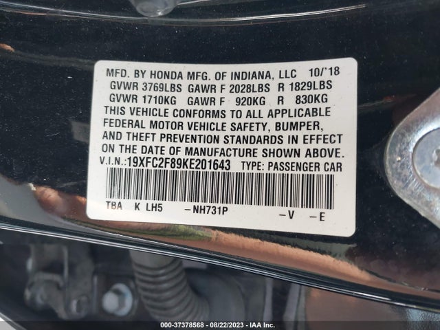 2019 HONDA CIVIC SEDAN SPORT VIN: 19XFC2F89KE201643