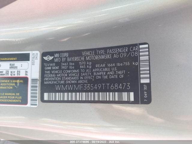 2009 MINI COOPER HARDTOP VIN: WMWMF33549TT68473