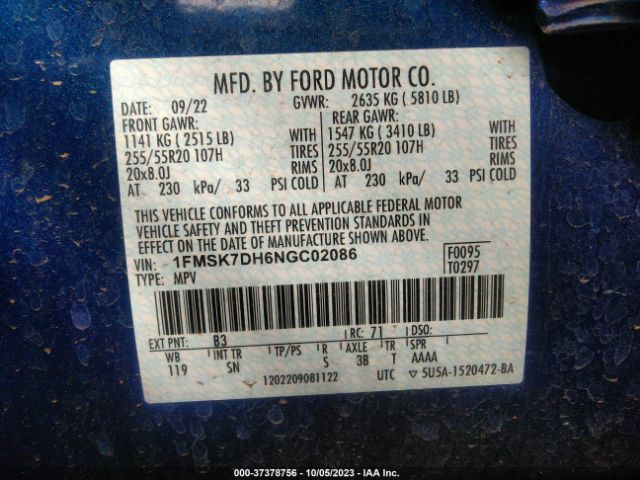 1FMSK7DH6NGC02086 Ford EXPLORER XLT