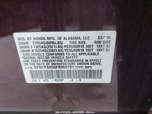 Honda Pilot Ex-l 2015 5FNYF4H50FB069791 Image 9