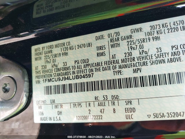 2020 FORD ESCAPE TITANIUM VIN: 1FMCU9J94LUB04597
