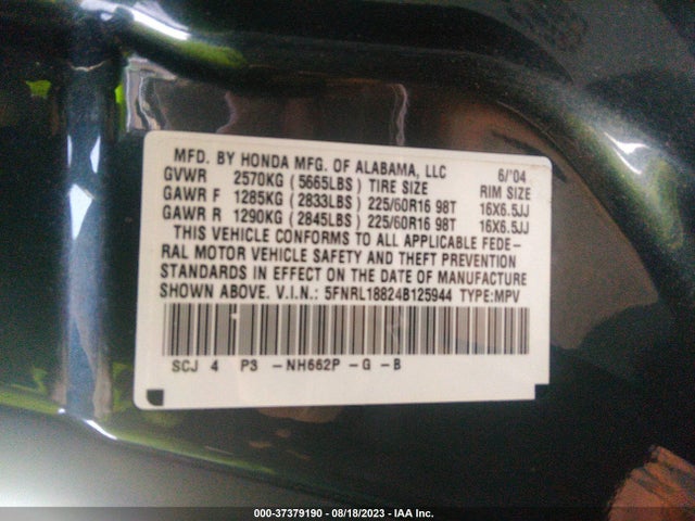2004 HONDA ODYSSEY EX-RES VIN: 5FNRL18824B125944