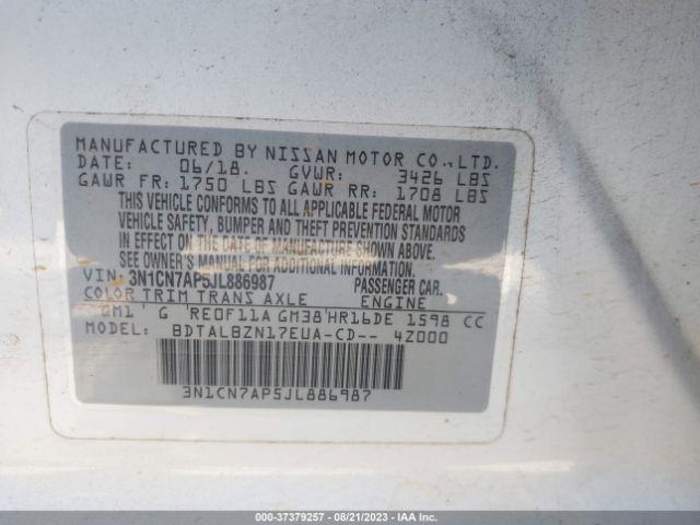 3N1CN7AP5JL886987 Nissan Versa Sedan Sv