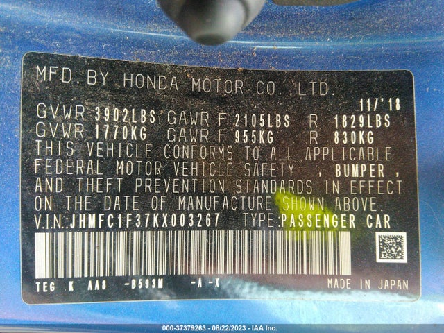 Honda Civic Sedan Ex 2019 JHMFC1F37KX003267 Image 9