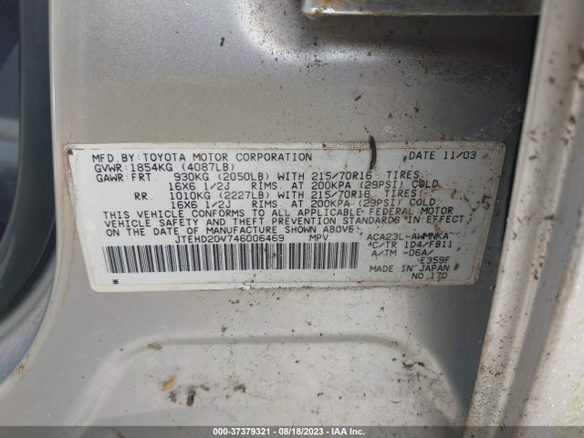 2004 TOYOTA RAV4 VIN: JTEHD20V746006469