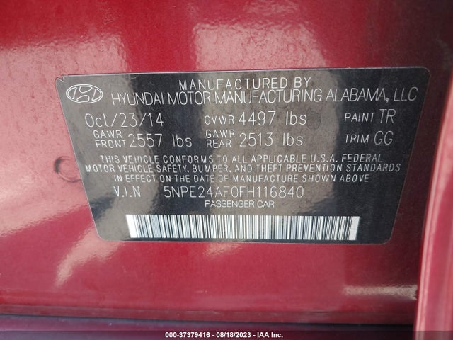 2015 HYUNDAI SONATA 2.4L SE VIN: 5NPE24AF0FH116840