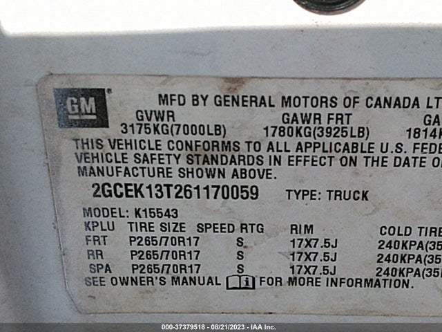 2006 CHEVROLET SILVERADO 1500 LT1 VIN: 2GCEK13T261170059