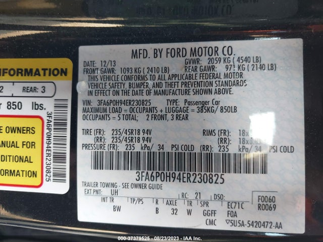 Ford FUSION SE 2014 3FA6P0H94ER230825 Image 9