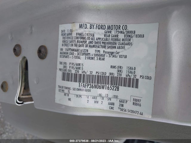 2006 FORD FOCUS SE/SES VIN: 1FAFP36N06W165228