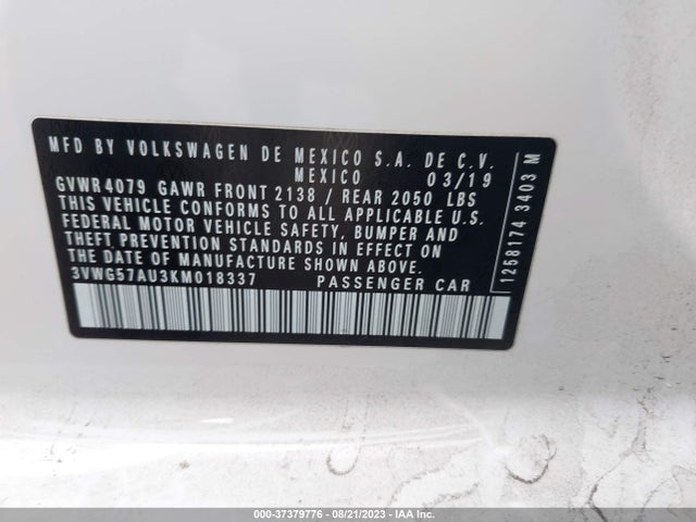 3VWG57AU3KM018337 Volkswagen GOLF S/SE