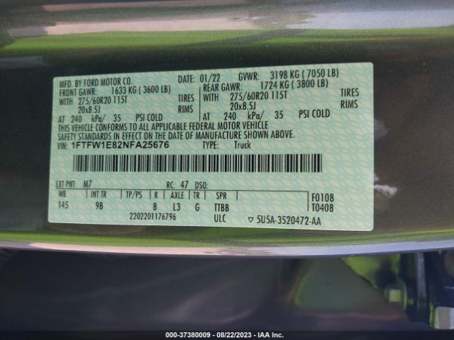 1FTFW1E82NFA25676 Ford F-150 Xl/xlt/lariat