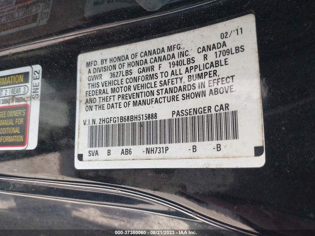 37380060 :رقم المزاد ، 2HGFG1B68BH515888 vin ، 2011 Honda Civic Cpe Lx مزاد بيع