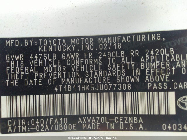 2018 TOYOTA CAMRY LE/SE/XLE/L VIN: 4T1B11HK5JU077308