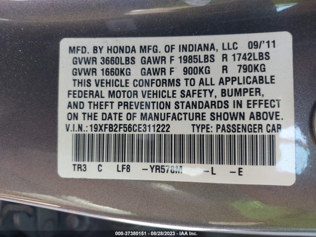2012 HONDA CIVIC SDN LX VIN: 19XFB2F56CE311222