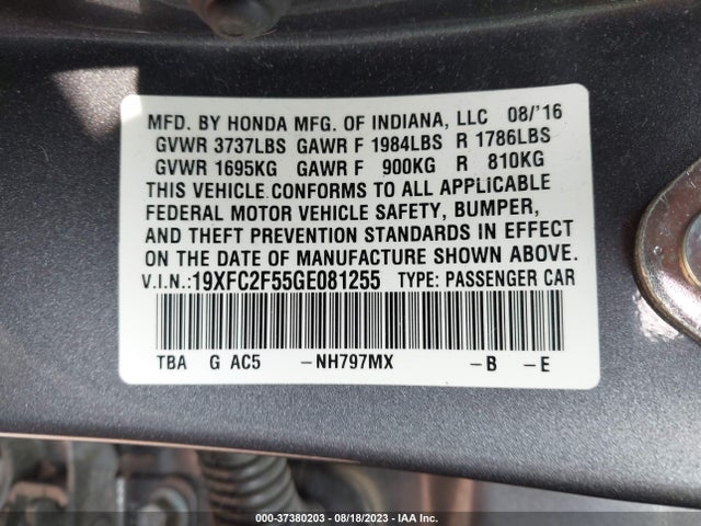 Honda Civic Sedan Lx 2016 19XFC2F55GE081255 Image 9