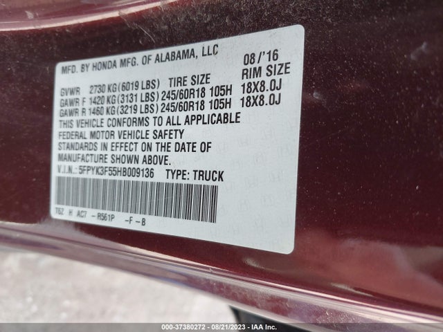 Honda Ridgeline Rtl 2017 5FPYK3F55HB009136 Image 9