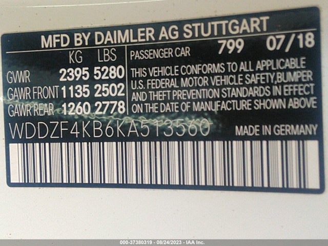 2019 MERCEDES-BENZ E-CLASS E 300 VIN: WDDZF4KB6KA513560