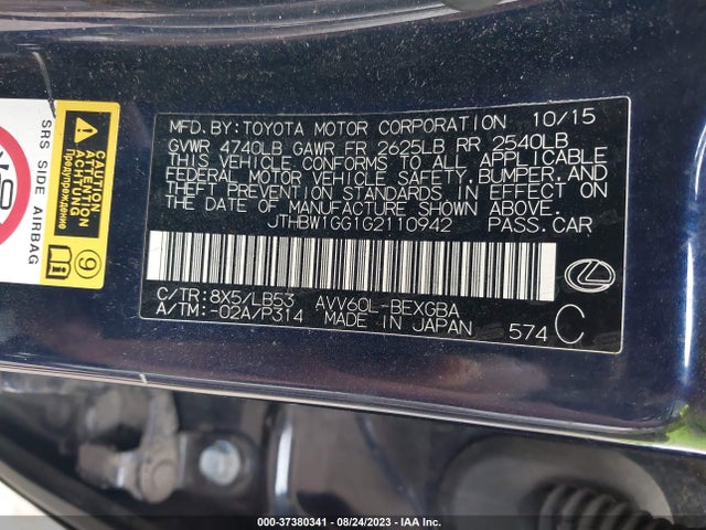 JTHBW1GG1G2110942 Lexus Es 300h Hybrid