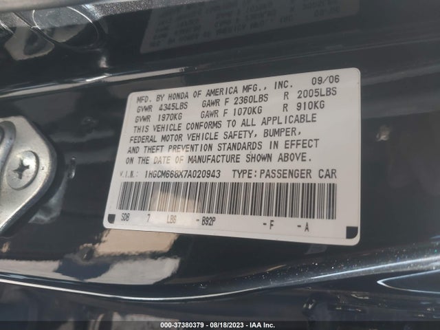 2007 HONDA ACCORD SDN EX-L VIN: 1HGCM668X7A020943