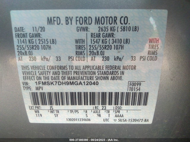 2021 FORD EXPLORER XLT VIN: 1FMSK7DH9MGA12040