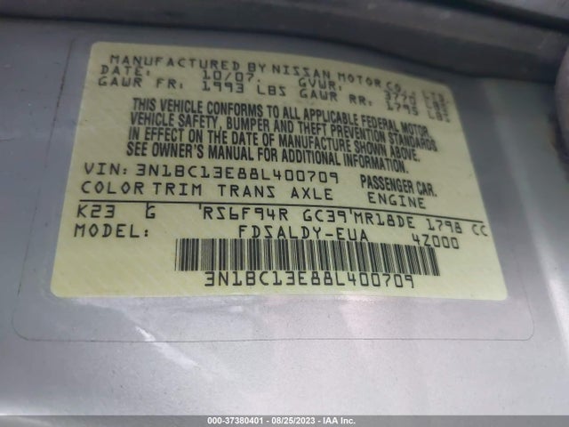 2008 NISSAN VERSA 1.8 S VIN: 3N1BC13E88L400709
