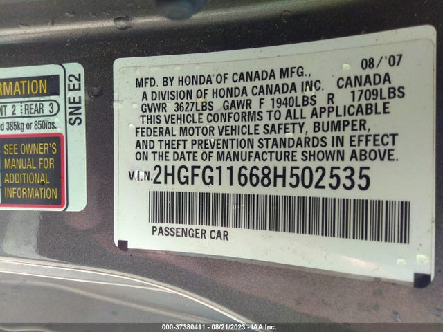 2008 HONDA CIVIC CPE LX VIN: 2HGFG11668H502535