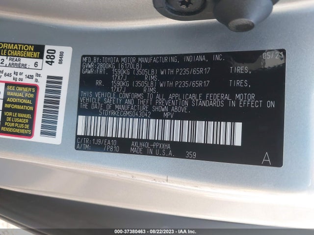 Toyota SIENNA XLE 2021 5TDYRKEC6MS043042 Image 15
