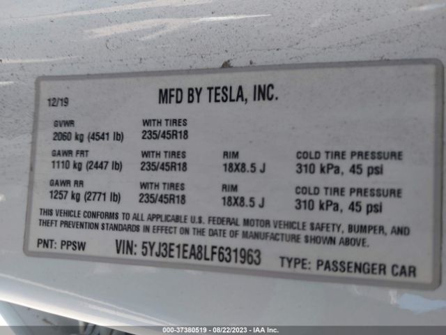 5YJ3E1EA8LF631963 Tesla Model 3 Standard Range