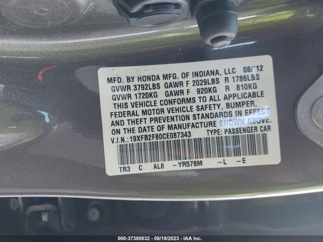 2012 HONDA CIVIC SDN EX VIN: 19XFB2F80CE087343