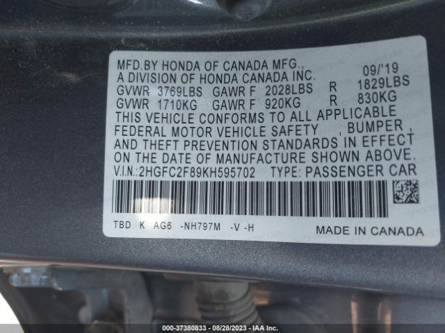 2HGFC2F89KH595702 Honda Civic Sedan Sport
