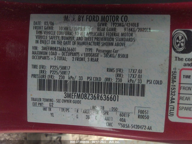 2006 MERCURY MILAN PREMIER VIN: 3MEFM08Z36R636601