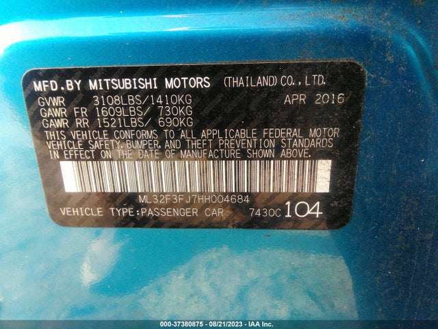 2017 MITSUBISHI MIRAGE G4 ES VIN: ML32F3FJ7HH004684