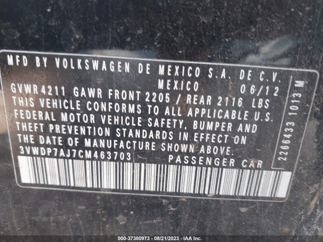 2012 VOLKSWAGEN JETTA SEDAN SE PZEV VIN: 3VWDP7AJ7CM463703