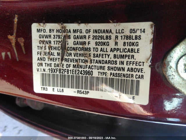 Honda Civic Sedan Ex 2014 19XFB2F81EE243960 Image 9