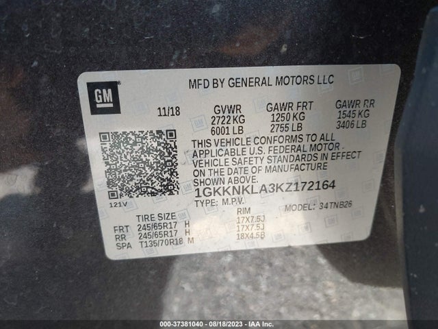 GMC ACADIA SLE 2019 1GKKNKLA3KZ172164 Image 9