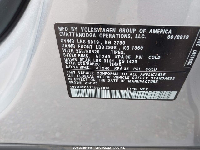 1V2MR2CA3KC583879 Volkswagen Atlas 3.6l V6 Sel
