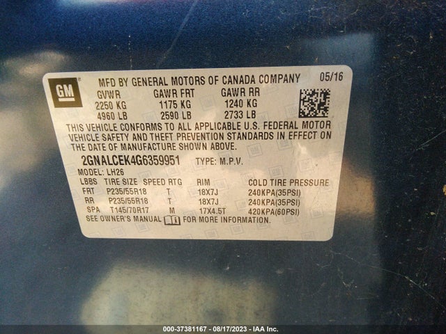 2016 CHEVROLET EQUINOX LT VIN: 2GNALCEK4G6359951
