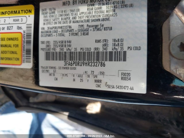 Ford FUSION HYBRID 2017 3FA6P0RU9HR232786 Image 9