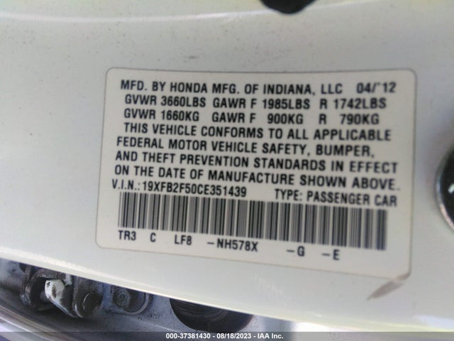 2012 HONDA CIVIC SDN LX VIN: 19XFB2F50CE351439
