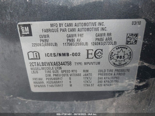 2010 GMC TERRAIN SLE-1 VIN: 2CTALBEWXA6344758