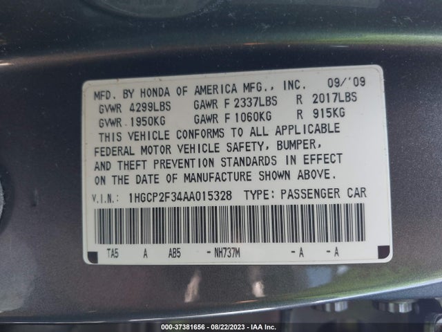 2010 HONDA ACCORD SDN LX VIN: 1HGCP2F34AA015328
