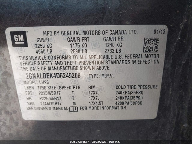 2013 CHEVROLET EQUINOX LT VIN: 2GNALDEK4D6249208