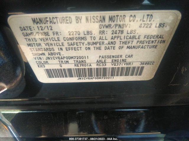 2013 INFINITI G37 SEDAN JOURNEY VIN: JN1CV6AP0DM720011